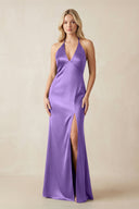 V - Neck Sheath Satin Bridesmaid Dress with Bow in Lilac - KissProm Bridesmaid Dresses
