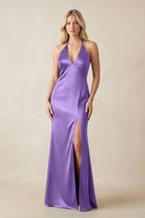 V - Neck Sheath Satin Bridesmaid Dress with Bow in Lilac - KissProm Bridesmaid Dresses