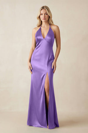 V - Neck Sheath Satin Bridesmaid Dress with Bow in Lilac - KissProm Bridesmaid Dresses