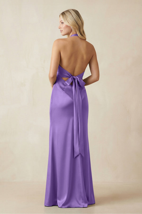 V - Neck Sheath Satin Bridesmaid Dress with Bow in Lilac - KissProm Bridesmaid Dresses
