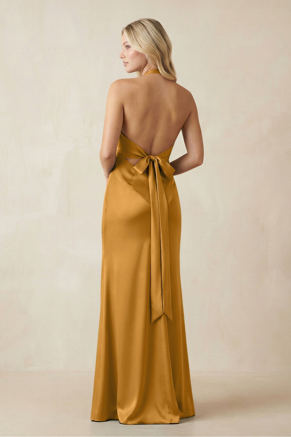 V - Neck Sheath Satin Bridesmaid Dress with Bow in Marigold - KissProm Bridesmaid Dresses