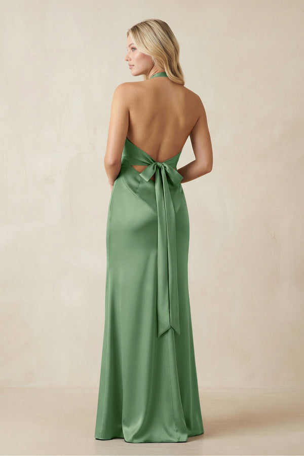 V - Neck Sheath Satin Bridesmaid Dress with Bow in Matcha - KissProm Bridesmaid Dresses