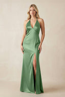V - Neck Sheath Satin Bridesmaid Dress with Bow in Matcha - KissProm Bridesmaid Dresses