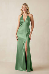 V - Neck Sheath Satin Bridesmaid Dress with Bow in Matcha - KissProm Bridesmaid Dresses