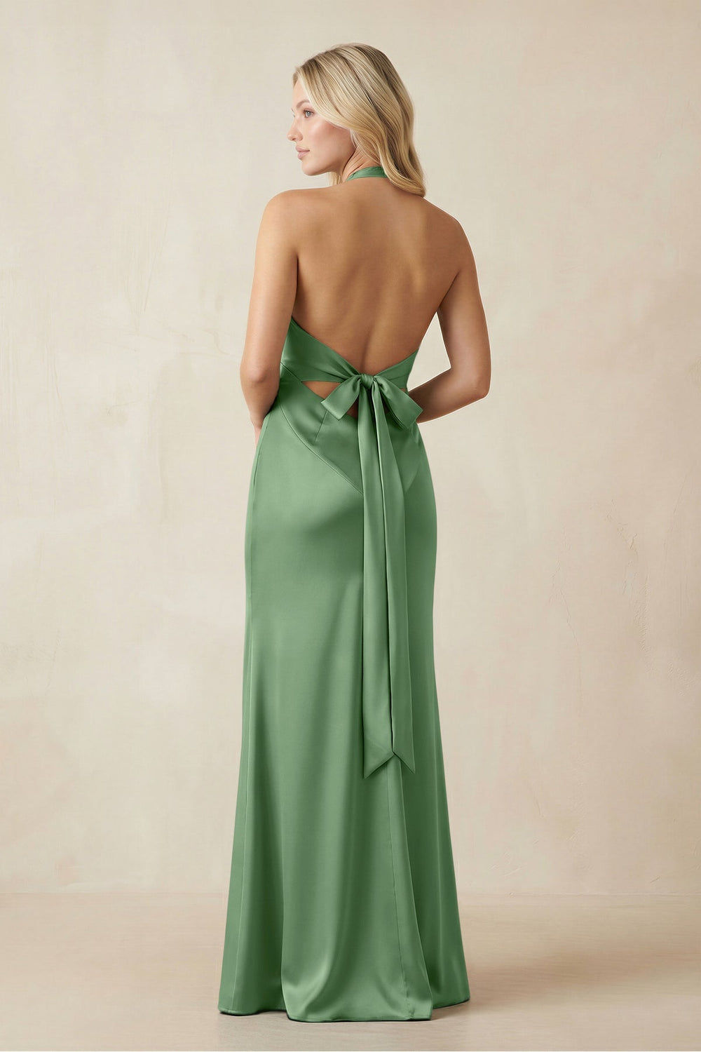 V - Neck Sheath Satin Bridesmaid Dress with Bow in Matcha - KissProm Bridesmaid Dresses