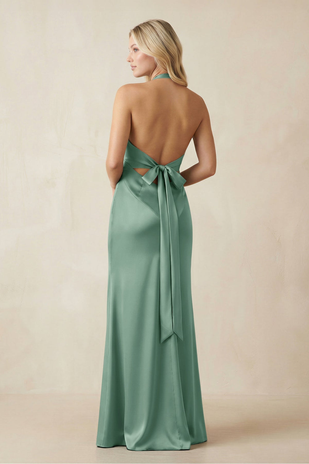 V - Neck Sheath Satin Bridesmaid Dress with Bow in Mint Green - KissProm Bridesmaid Dresses