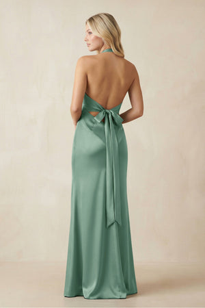V - Neck Sheath Satin Bridesmaid Dress with Bow in Mint Green - KissProm Bridesmaid Dresses