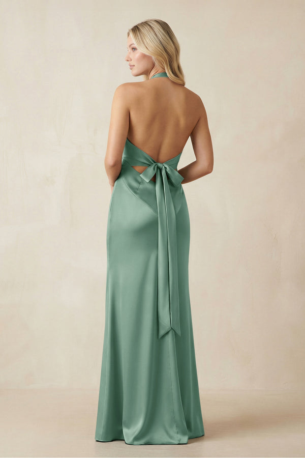V - Neck Sheath Satin Bridesmaid Dress with Bow in Mint Green - KissProm Bridesmaid Dresses