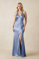 V - Neck Sheath Satin Bridesmaid Dress with Bow in Mist - KissProm Bridesmaid Dresses