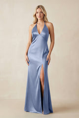 V - Neck Sheath Satin Bridesmaid Dress with Bow in Mist - KissProm Bridesmaid Dresses