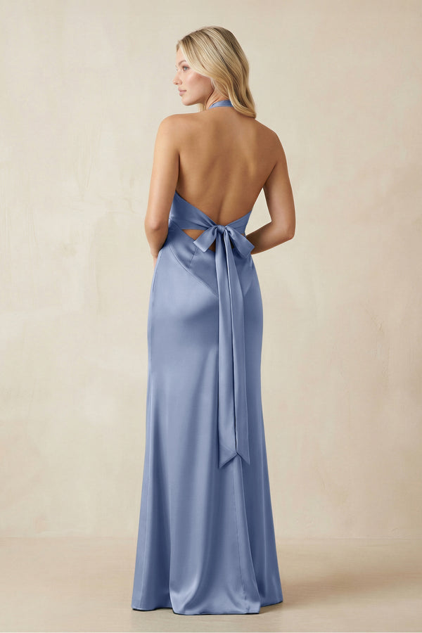 V - Neck Sheath Satin Bridesmaid Dress with Bow in Mist - KissProm Bridesmaid Dresses