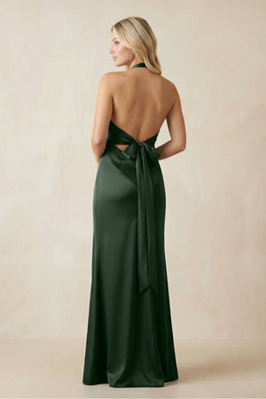 V - Neck Sheath Satin Bridesmaid Dress with Bow in Moss - KissProm Bridesmaid Dresses