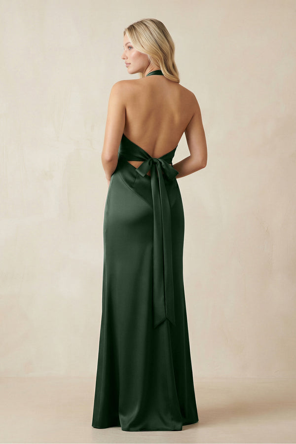 V - Neck Sheath Satin Bridesmaid Dress with Bow in Moss - KissProm Bridesmaid Dresses