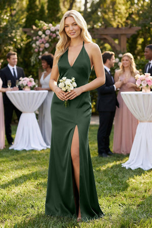 V - Neck Sheath Satin Bridesmaid Dress with Bow in Moss - KissProm Bridesmaid Dresses