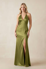 V - Neck Sheath Satin Bridesmaid Dress with Bow in Moss Green - KissProm Bridesmaid Dresses