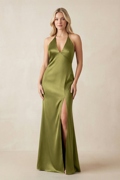 V - Neck Sheath Satin Bridesmaid Dress with Bow in Moss Green - KissProm Bridesmaid Dresses