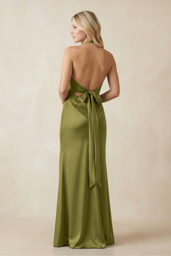 V - Neck Sheath Satin Bridesmaid Dress with Bow in Moss Green - KissProm Bridesmaid Dresses