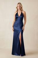 V - Neck Sheath Satin Bridesmaid Dress with Bow in Navy - KissProm Bridesmaid Dresses