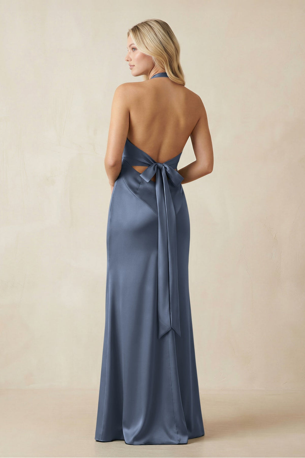 V - Neck Sheath Satin Bridesmaid Dress with Bow in Neptune - KissProm Bridesmaid Dresses