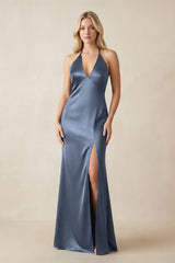 V - Neck Sheath Satin Bridesmaid Dress with Bow in Neptune - KissProm Bridesmaid Dresses