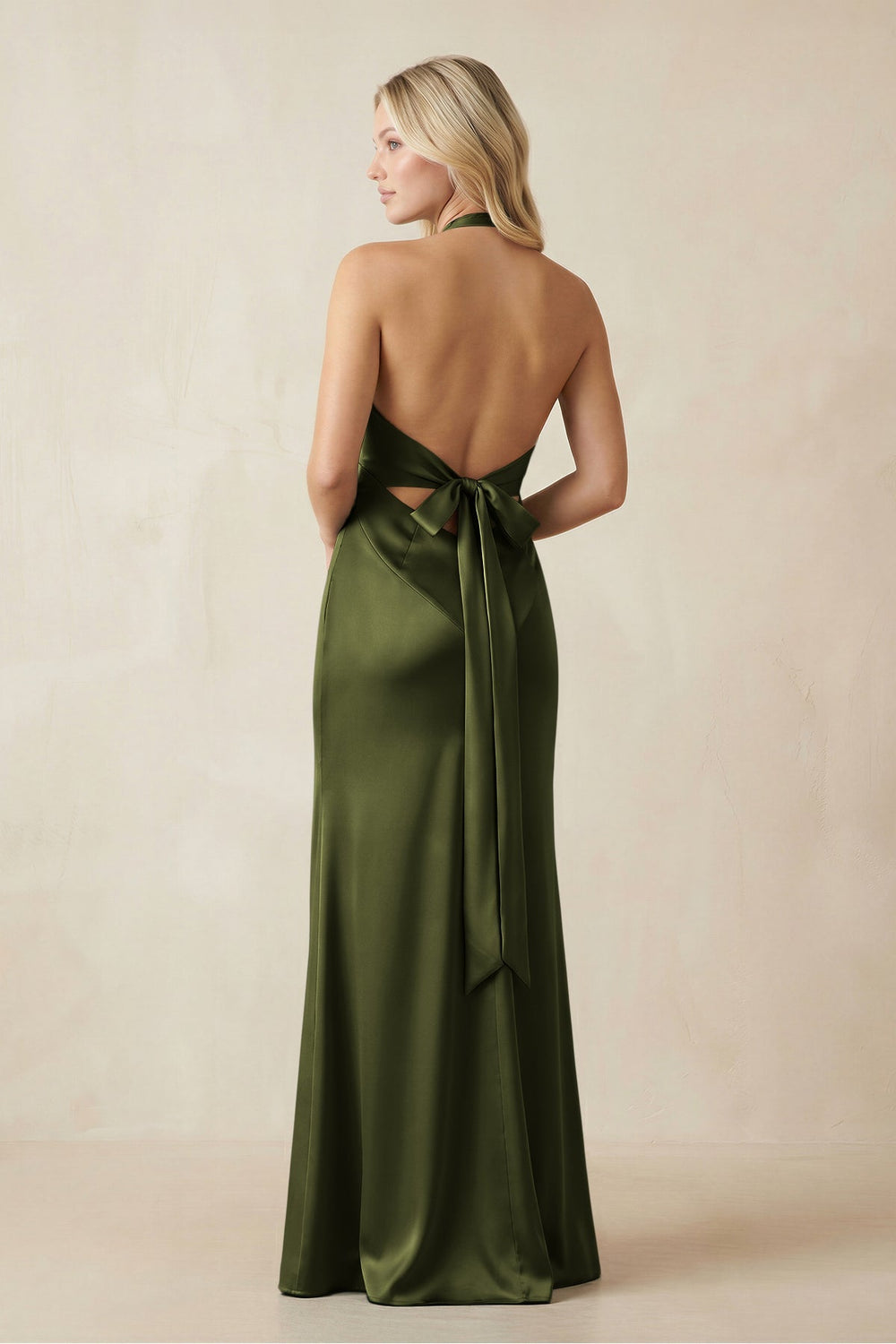 V - Neck Sheath Satin Bridesmaid Dress with Bow in Olive - KissProm Bridesmaid Dresses