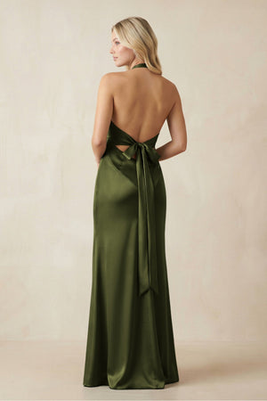 V - Neck Sheath Satin Bridesmaid Dress with Bow in Olive - KissProm Bridesmaid Dresses