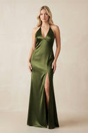 V - Neck Sheath Satin Bridesmaid Dress with Bow in Olive - KissProm Bridesmaid Dresses