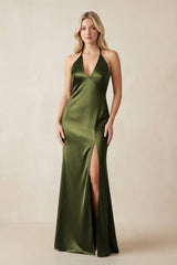 V - Neck Sheath Satin Bridesmaid Dress with Bow in Olive - KissProm Bridesmaid Dresses