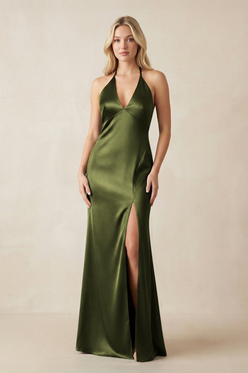 V - Neck Sheath Satin Bridesmaid Dress with Bow in Olive - KissProm Bridesmaid Dresses