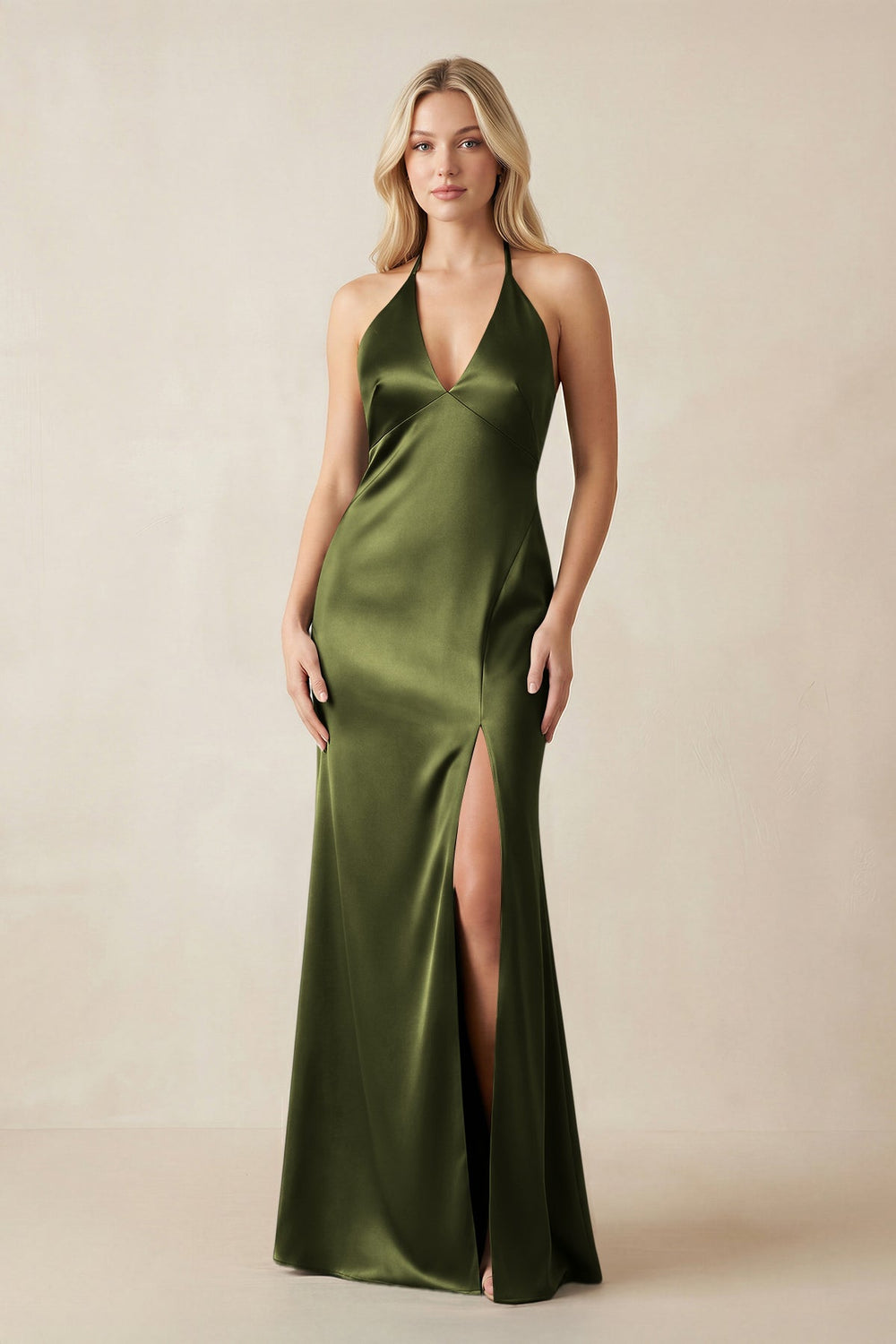 V - Neck Sheath Satin Bridesmaid Dress with Bow in Olive - KissProm Bridesmaid Dresses
