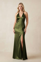 V - Neck Sheath Satin Bridesmaid Dress with Bow in Olive - KissProm Bridesmaid Dresses