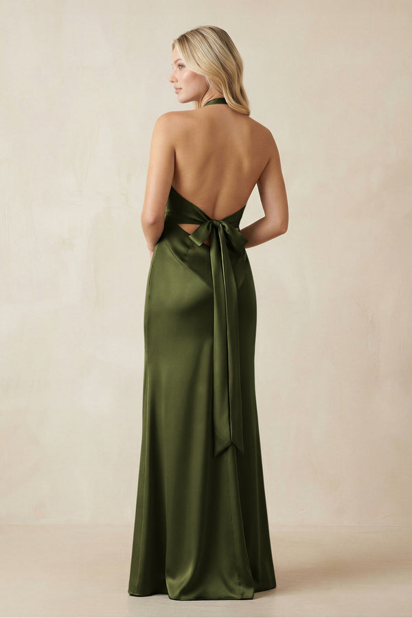 V - Neck Sheath Satin Bridesmaid Dress with Bow in Olive - KissProm Bridesmaid Dresses