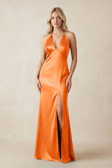 V - Neck Sheath Satin Bridesmaid Dress with Bow in Orange - KissProm Bridesmaid Dresses