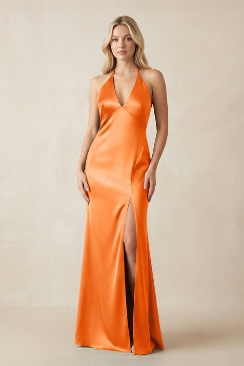 V - Neck Sheath Satin Bridesmaid Dress with Bow in Orange - KissProm Bridesmaid Dresses