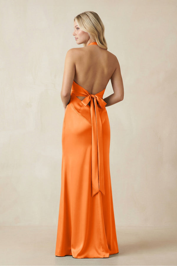 V - Neck Sheath Satin Bridesmaid Dress with Bow in Orange - KissProm Bridesmaid Dresses