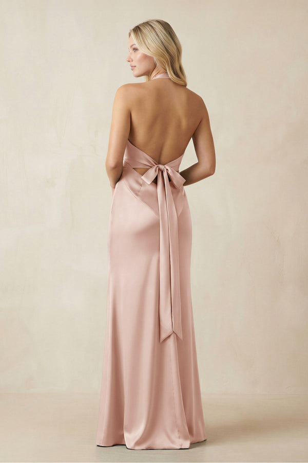 V - Neck Sheath Satin Bridesmaid Dress with Bow in Pale Blush - KissProm Bridesmaid Dresses