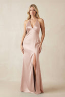 V - Neck Sheath Satin Bridesmaid Dress with Bow in Pale Blush - KissProm Bridesmaid Dresses