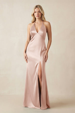 V - Neck Sheath Satin Bridesmaid Dress with Bow in Pale Blush - KissProm Bridesmaid Dresses