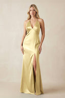 V - Neck Sheath Satin Bridesmaid Dress with Bow in Pastel Yellow - KissProm Bridesmaid Dresses