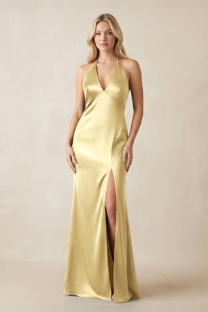V - Neck Sheath Satin Bridesmaid Dress with Bow in Pastel Yellow - KissProm Bridesmaid Dresses