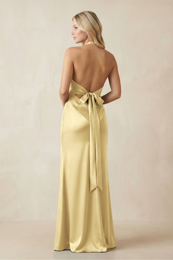 V - Neck Sheath Satin Bridesmaid Dress with Bow in Pastel Yellow - KissProm Bridesmaid Dresses