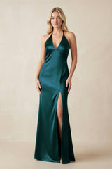 V - Neck Sheath Satin Bridesmaid Dress with Bow in Pine - KissProm Bridesmaid Dresses