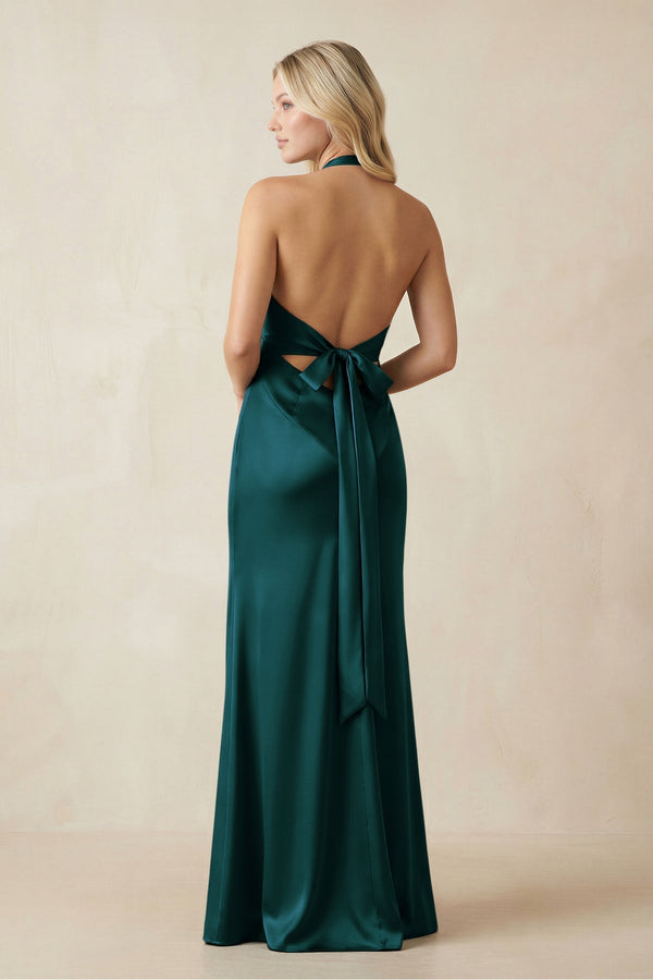 V - Neck Sheath Satin Bridesmaid Dress with Bow in Pine - KissProm Bridesmaid Dresses