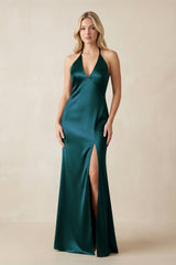 V - Neck Sheath Satin Bridesmaid Dress with Bow in Pine - KissProm Bridesmaid Dresses