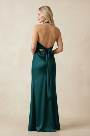 V - Neck Sheath Satin Bridesmaid Dress with Bow in Pine - KissProm Bridesmaid Dresses