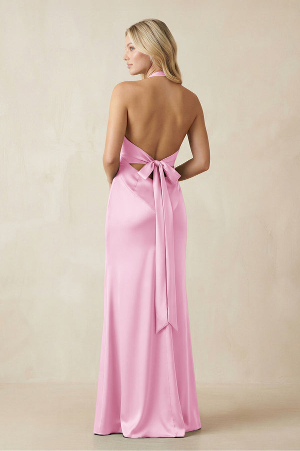 V - Neck Sheath Satin Bridesmaid Dress with Bow in Pink - KissProm Bridesmaid Dresses