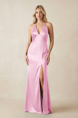V - Neck Sheath Satin Bridesmaid Dress with Bow in Pink - KissProm Bridesmaid Dresses