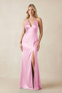 V - Neck Sheath Satin Bridesmaid Dress with Bow in Pink - KissProm Bridesmaid Dresses