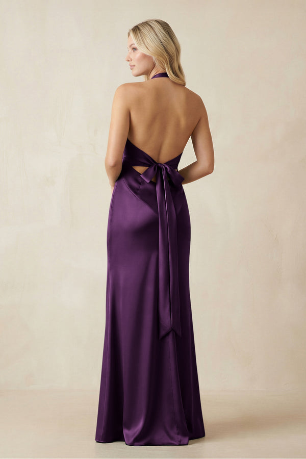 V - Neck Sheath Satin Bridesmaid Dress with Bow in Plum - KissProm Bridesmaid Dresses