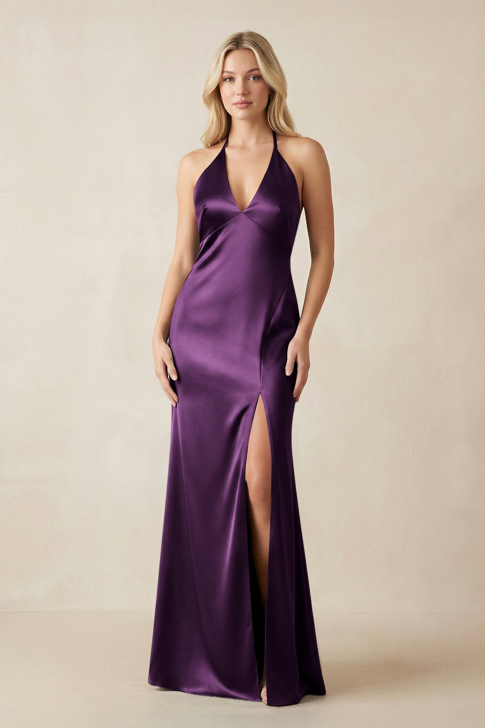 V - Neck Sheath Satin Bridesmaid Dress with Bow in Plum - KissProm Bridesmaid Dresses